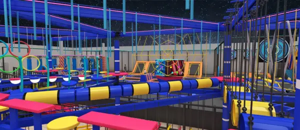 The trampoline park and ninja course, seen from the mezzanine