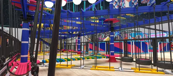 The trampoline park and ninja course, seen from the mezzanine